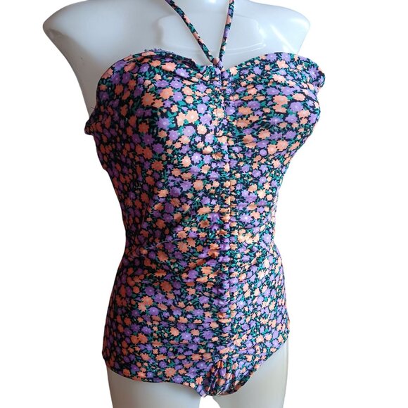 Medium True Vintage Floral Halter One Piece Bodysuit Swimsuit Ruched Mom 1980's - Picture 3 of 10